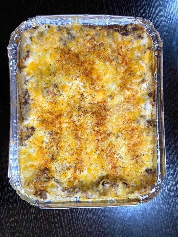 A golden, cheesy lasagne fresh from the oven